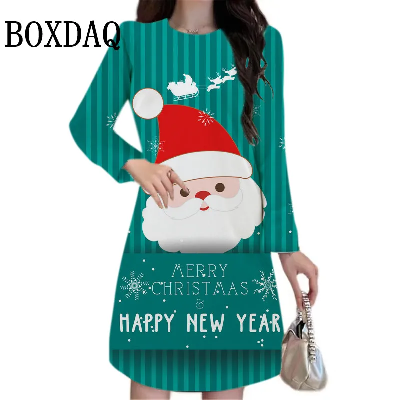 Autumn Winter Women Merry Christmas A-Line Dress Fashion Cute Casual Long Sleeve Cartoon Santa Claus Printed Clothing Streetwear