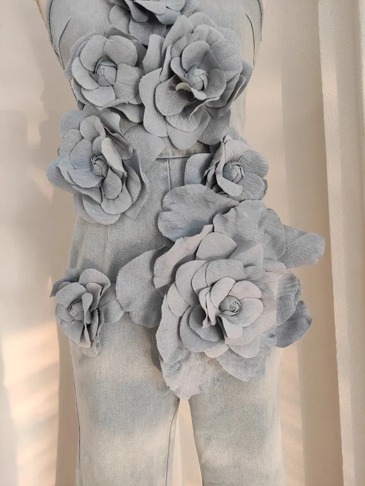 3D Appliques Flower Strapless Demin Jumpsuits For Women Off Shoulder Sleevelss Solid Color High Waist Full Length Overalls New