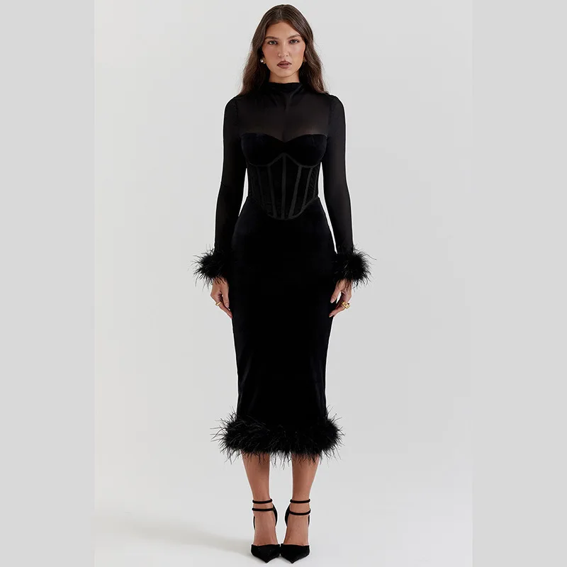 2024 Spring Summer New Women Semi-Sheer Spliced Dress Elegant Chic High Neck Rough Edge Long Sleeved Waist Tied Formal Dresses