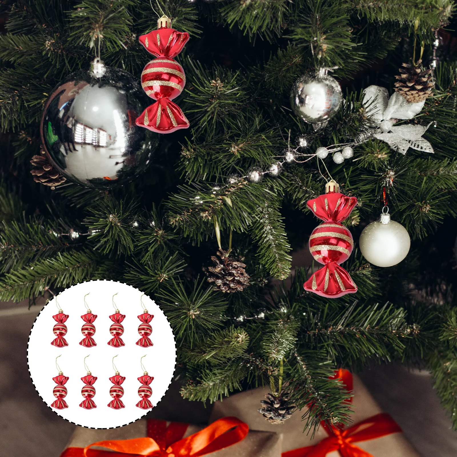 

8pcs Candy Shape Hanging Ornament Christmas Decoration Pendant Red Party Diy Prop Plastic Tree Decor Office Use