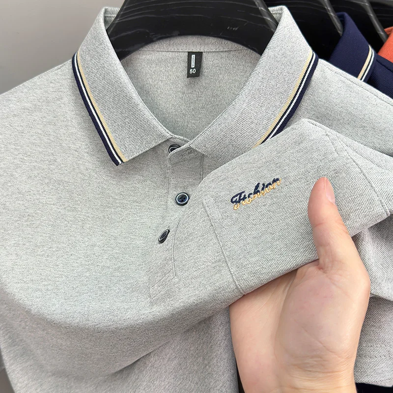 High-end Genuine Pocket Short-sleeved T-shirt for Men, Summer Turn-down Collar Business Casual Solid Color Polo Shirt Fashion