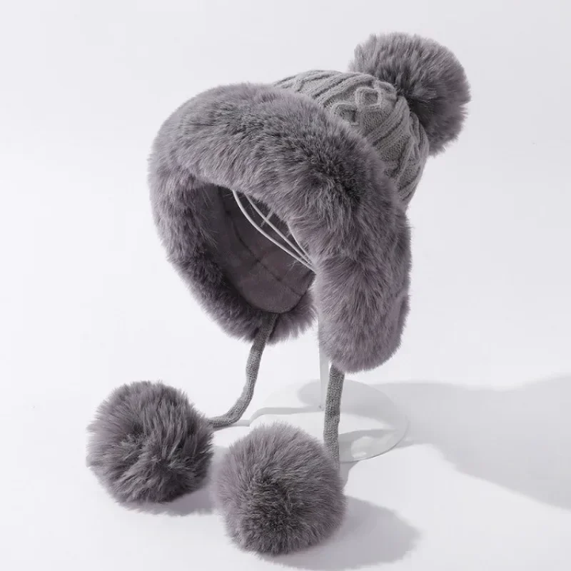 Imitation Rabbit Fur Thermal Winter Hat Women Cute Thickening White Fluffy Ball Cap Earflaps Slipover Plush Hat Шапка Женская