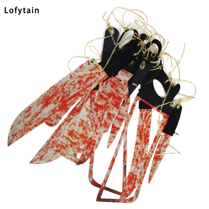 Lofytain 12pcs/lot Halloween Plastic Blood Knife Tools Sets Horror Spooky Haunted House Hanging Knife Garland Banner