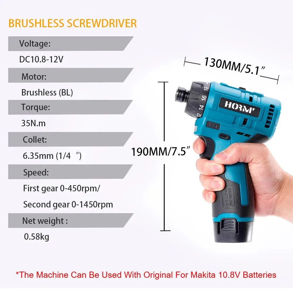 Hormy Brushless 18+1 Mini Electric Screwdriver 12V Screw Driver Cordless Drill Carpenter Tools For Makita 10.8V Lithium Battery