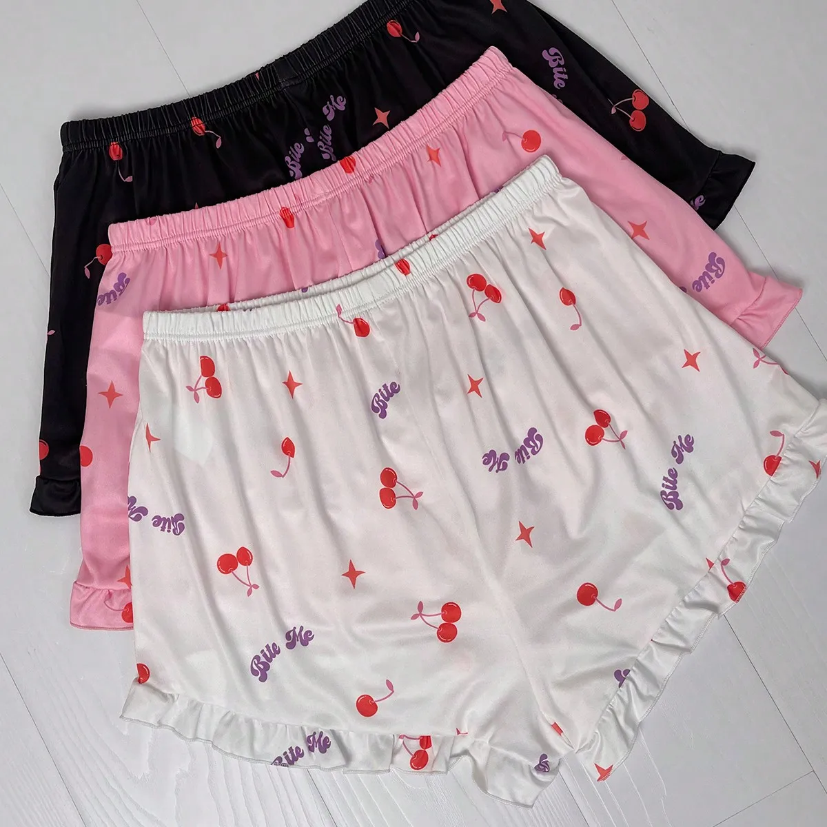 Women Pajama Shorts Set Summer Ruffled Edge Allover Prints Cherry Letter Sleepwear Pants Casual Fashion Wear