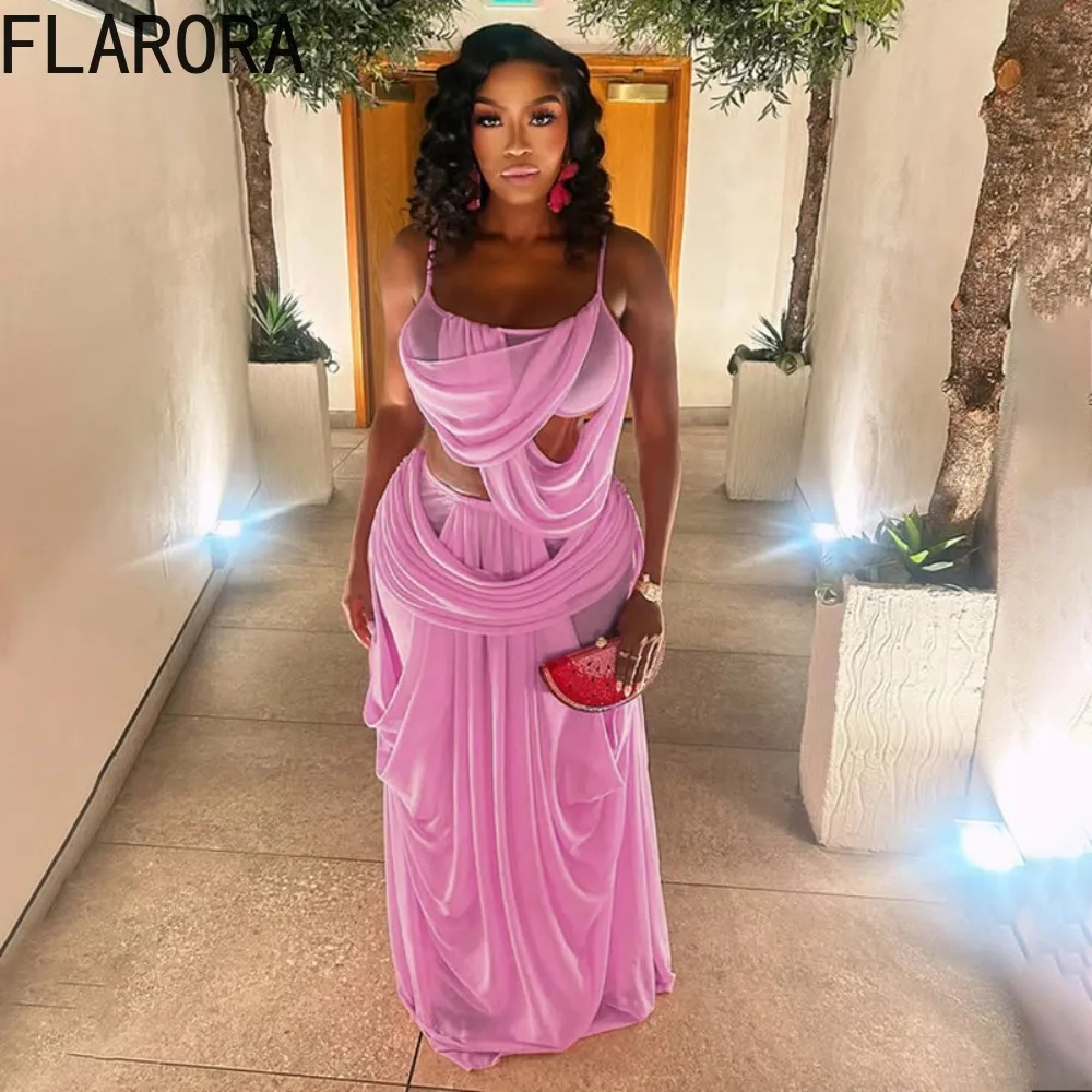 

FLARORA Elegant Ruched 2 Piece Sets Woman Low-Neck Backless Camisole Tops+Elastic Waist Long Skirts Midnight Prom Party Outfits