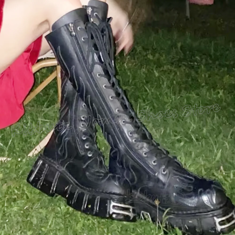 

Biker Knee High Boots Metal Decor Round Toe Thick Sole Patent Leather Lace-Up Y2K Flame Cyberpunk Subculture Fashion Women Shoes