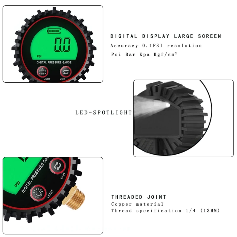 Dial Size Digital Air Pressure Gauge with 1/4\'\'Bottom Connector & Protective Boot 0-255psi Accuracy 1% Digital Tyre