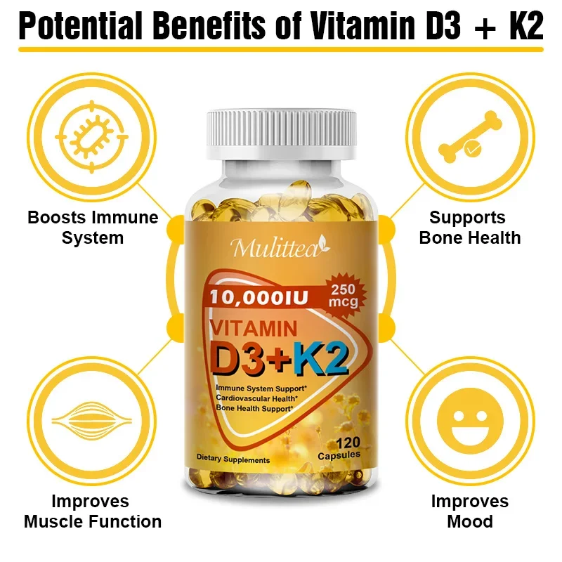 Mulittea Vitamin D3+K2 Capsules Help Regulate Calcium Metabolism Promote Bone Teeth and Skin Health Support Immunity