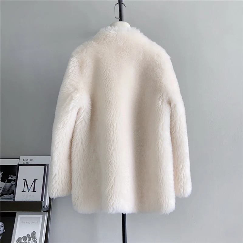 Winter Real Wool Overcoat Women New Stand Collar Lovely Fur Pompom Ball Warm Thick Mid Long Jackets Chic Double-Faced Fur Coats