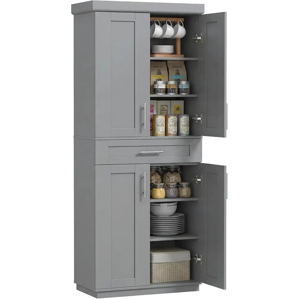 

72 Inch Tall Kitchen Pantry Cabinet with 4 Doors and 3 Adjustable Shelves, Gray for Dining Room Storage
