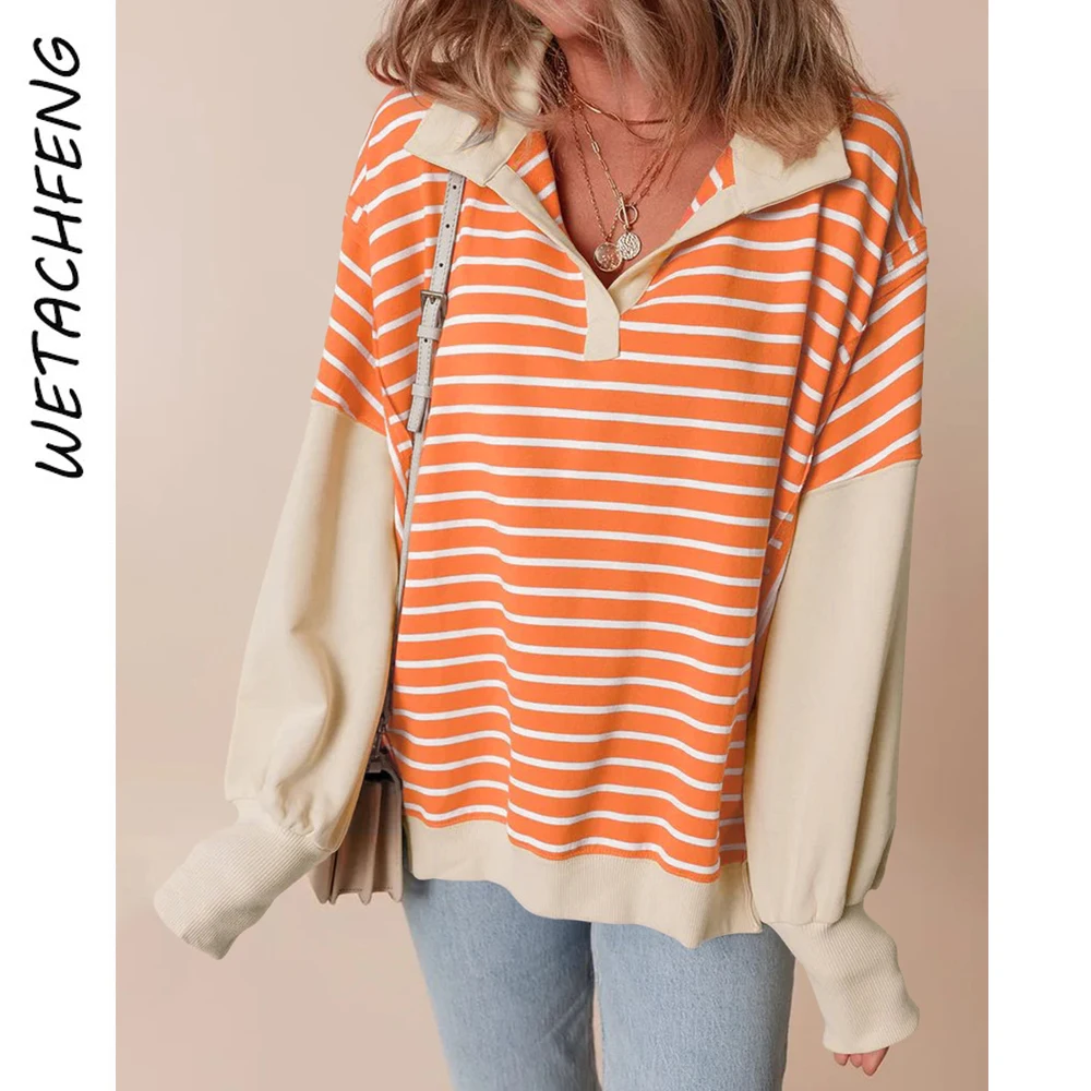 Lantern Sleeve Half Open Collar Striped Split Sporty Loose Hoodies Women Clothes Casual 2024 Fashion Lady Streetwear Sweatshirts