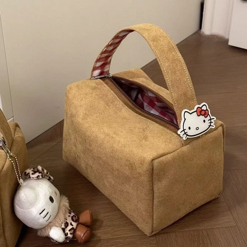 Bolsa de Maquiagem Sanrio Hello Kitty, Bolsa Cosmética de Suede KT, Grande Capacidade, Organizador de Maquiagem para Viagem Bordado