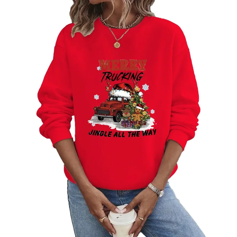 Crew-neck Hoodie Europe and The United States Christmas Long-sleeved Hot Christmas Truck Printing Sweatshirt  Streetwear Women