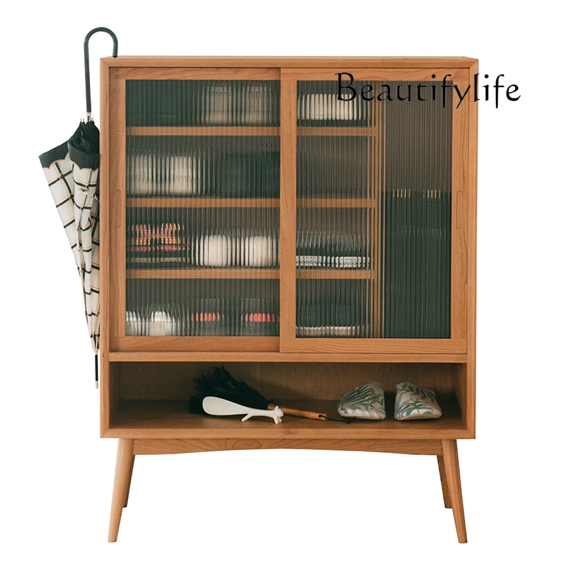 

Nordic Solid Wood Shoe Cabinet Simple Modern Glass Door Dining Side Living Room Display Storage Locker