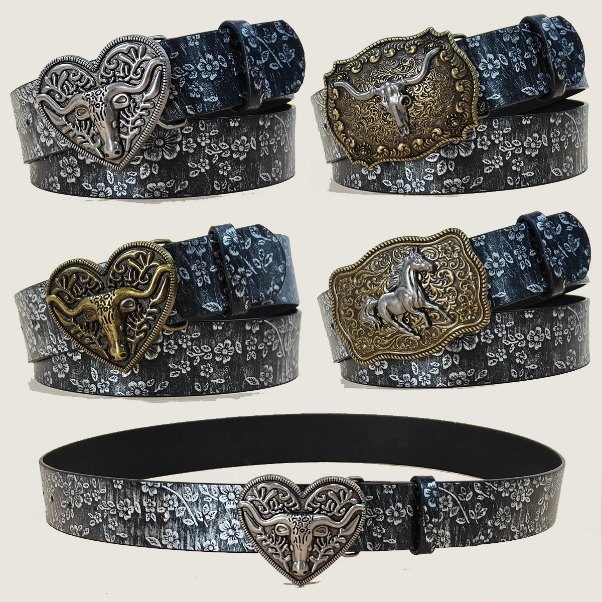 Western Cowboy Style Vintage Casual Belt Ox Head Carved Buckle Bohemian Print Perfect for Daily Commute & Dating Outfits Jeans