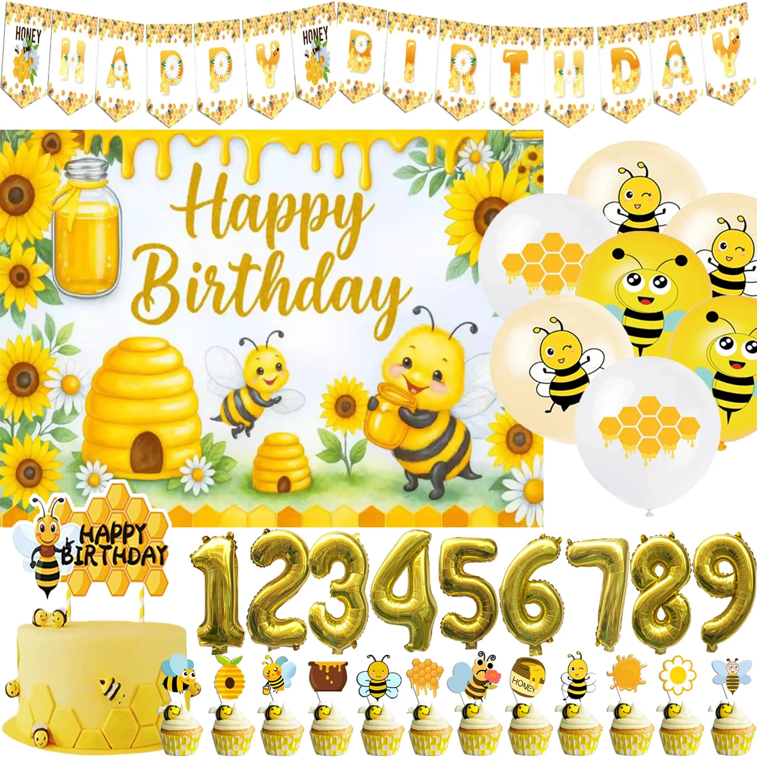 

Honey Bee Theme 1st Birthday Party Supplies Decoration Honeycomb Balloons Banner Backdrops Cupcake Topper Kids Baby Shower Gifts