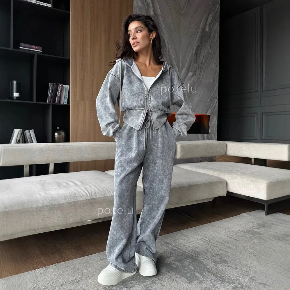 

2025 Washing Water Making Old Sweater Set Women's Long-sleeved Zipper Hooded Top Straight High-waisted Casual Sweatpants