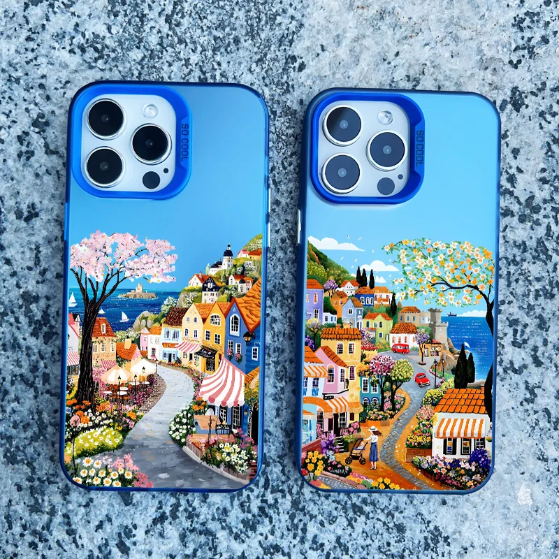 

Aesthetic City Street Scenery Town Phone Case For iPhone 16 13 12 Pro Max Mini 11 14 15 Pro Max Plus Shockproof Laser Back Cover
