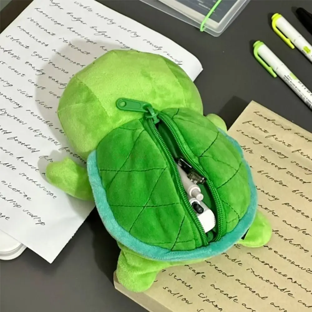 Cartoon Large Capacity Pen Bag Plush Shark/Turtle Pencil Case Multifunctional Stationery Organizer Gift