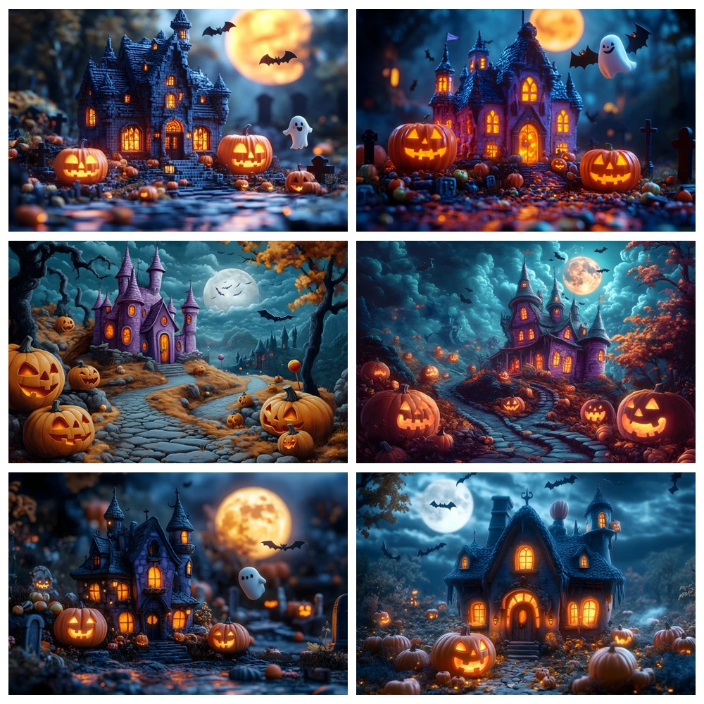 

Halloween Night Photography Backbdrop Full Moon Night Ancient Castle Ghost Pumpkin House Scene Kids Portrait Photo Background