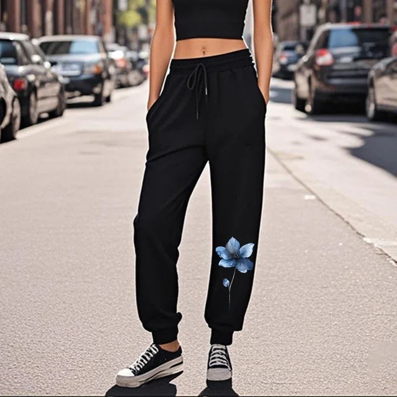 Damskie spodnie dresowe na jesień i zimę 2025 z kwiatowym nadrukiem, codzienne spodnie do fitnessu i sportu, popularne spodnie do biegania.