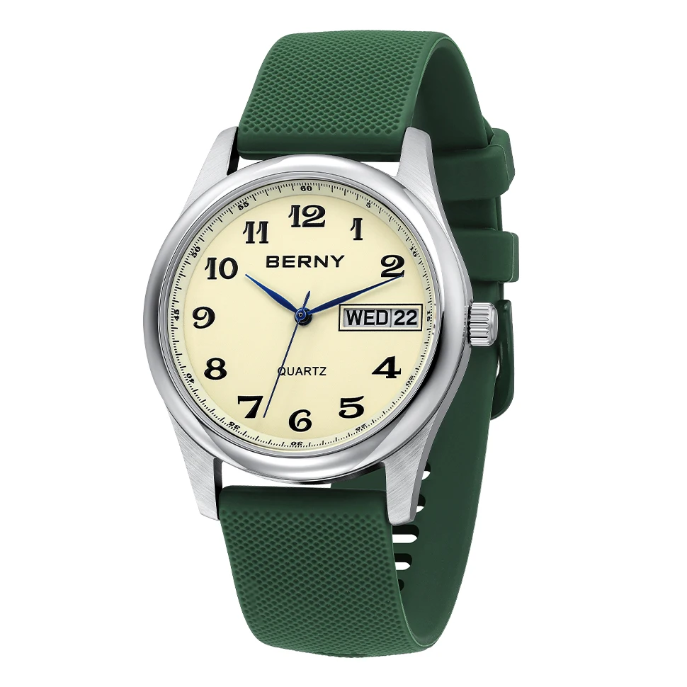 BERNY Men's Watches Calendar Weeks Quartz Men Wristwatch Stainless Steel Case Soft Easy Read Dress Watch