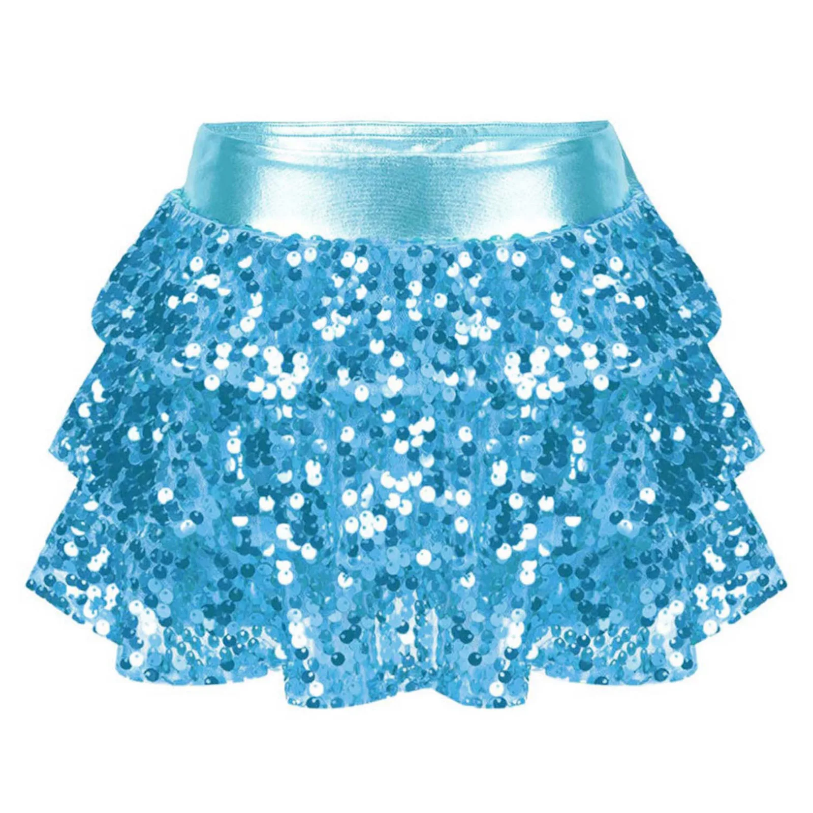 Kids Girls Latin Dance Skirt Shiny Sequins Tiered Ruffle Skirted Shorts Metallic Jazz Cha-cha Dance Stage Performance Costumes