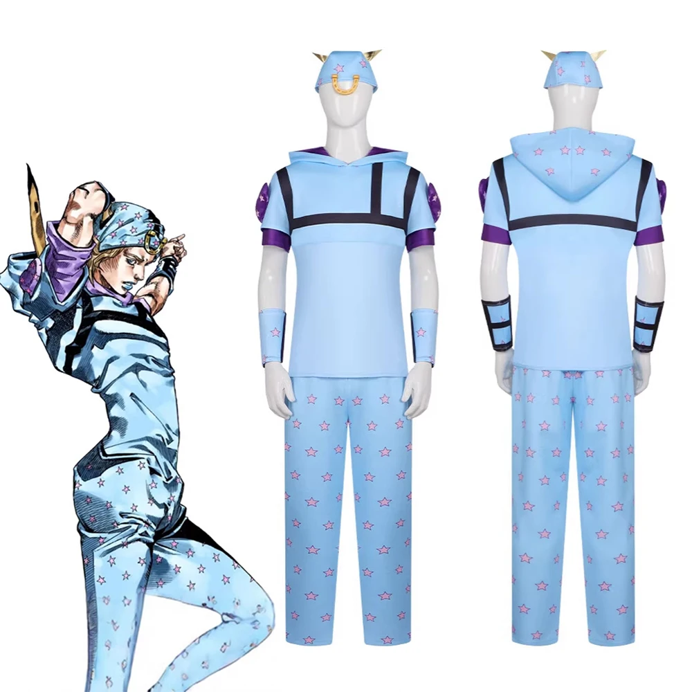 

Anime JoJo Adventure Cosplay Costume Light Blue Star Print Hooded Top Pants Hat Full Set Men Halloween Comic Con Roleplay Outfit