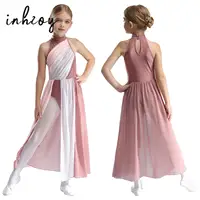 Vestido de baile lírico para niñas, bloque de Color, sin mangas, malla dividida, leotardo, Ballet, patinaje artístico, gimnasia, disfraz de escenario actuación