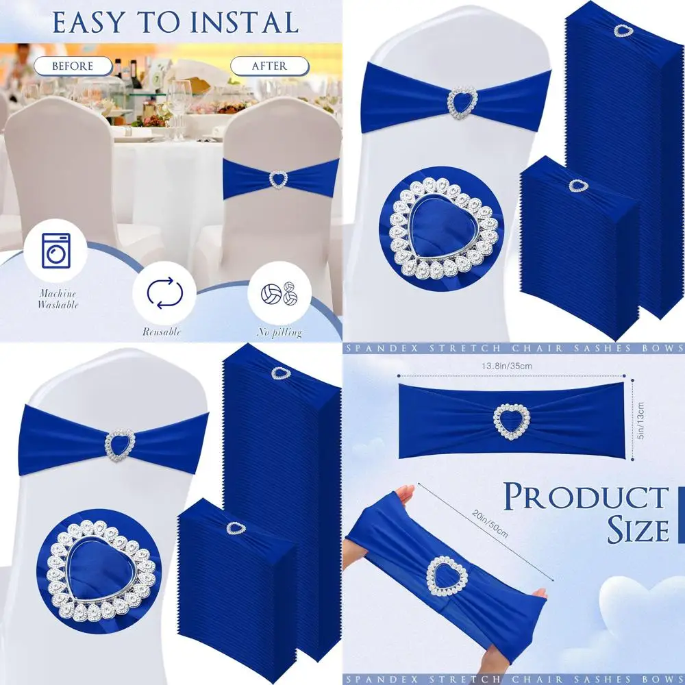 

150 шт. эластичных лент для стульев с бантом и пряжкой в виде сердца, универсальные эластичные завязки для свадеб, банкетов, мероприятий, декораций для вечеринок (Roya)