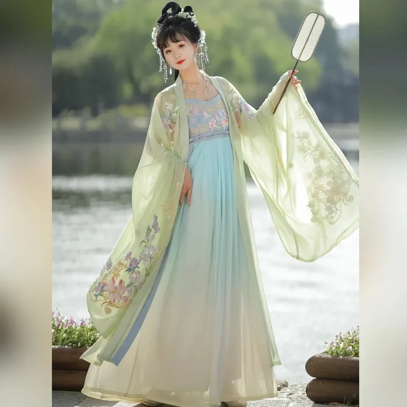 

Новинка, женское платье Hanfu, градиентный синий Высококачественный Карнавальный костюм для косплея с вышивкой, традиционный китайский винтажный женский костюм