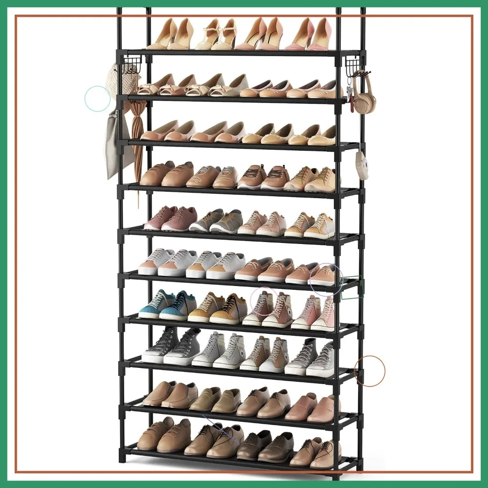 

10-Tier Tall Shoe Rack with Large Capacity for 50 Pairs, Sturdy Metal Organizer with Hooks for Entryway, Closet, Bedroom