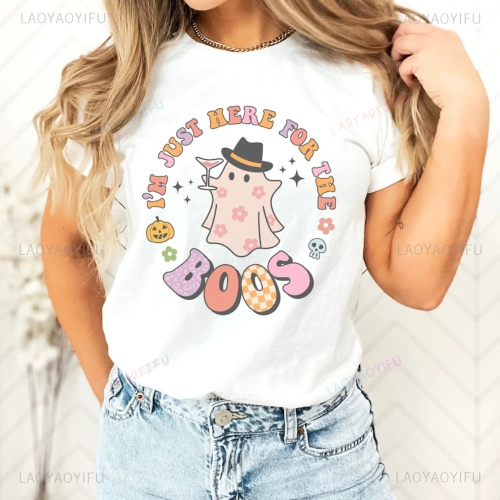 I'm Just Here for The Boos Retro Ghost TShirt Funny Halloween Drinking Party T Shirt Casual Fashion Short Sleeve Man T-shirt
