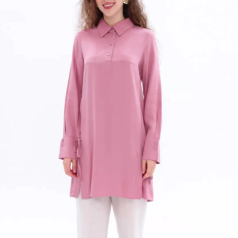 

Elegant Solid Dress Single-breasted Dubai Turkey Kaftan Muslim Turn Down Collar Dresses for Women Femme Caftan Islam Clothing