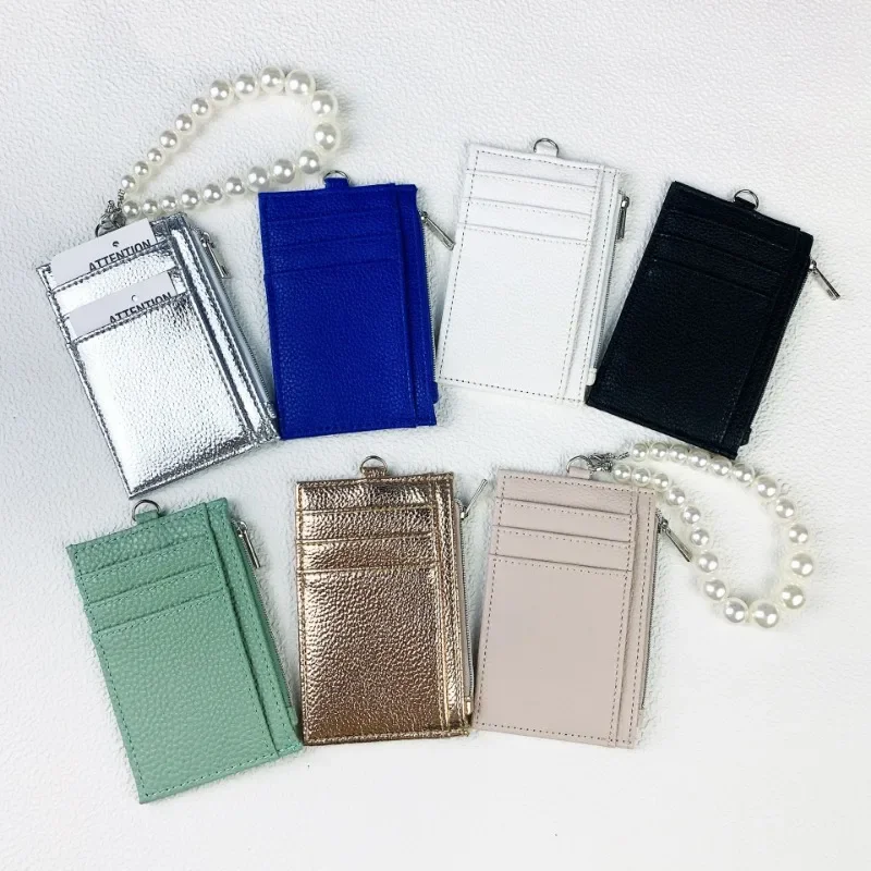 Bolsa ultra fina para mulheres, slot multi-cartões, porta-cartão com miçangas, bolsa de identificação simples, champanhe e prata, carteira de PU,