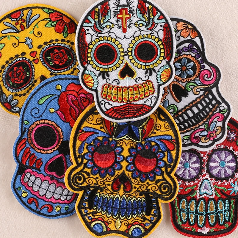 Iron On Flower Skull Patch Accessories for Clothing DIY Decoration Horror Hot Melt Emblem Motorcycle Punk Men Patches