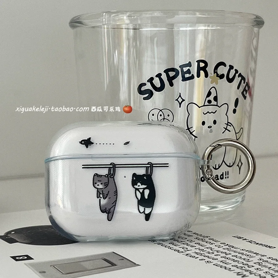 Funda para auriculares Airpods 1, 2, 3, 4 y Airpods PRO 2, 3 con diseño de gatito kawaii y gato negro, estilo Y2K, transparente, para auriculares inalámbricos Bluetooth, resistente a caídas.