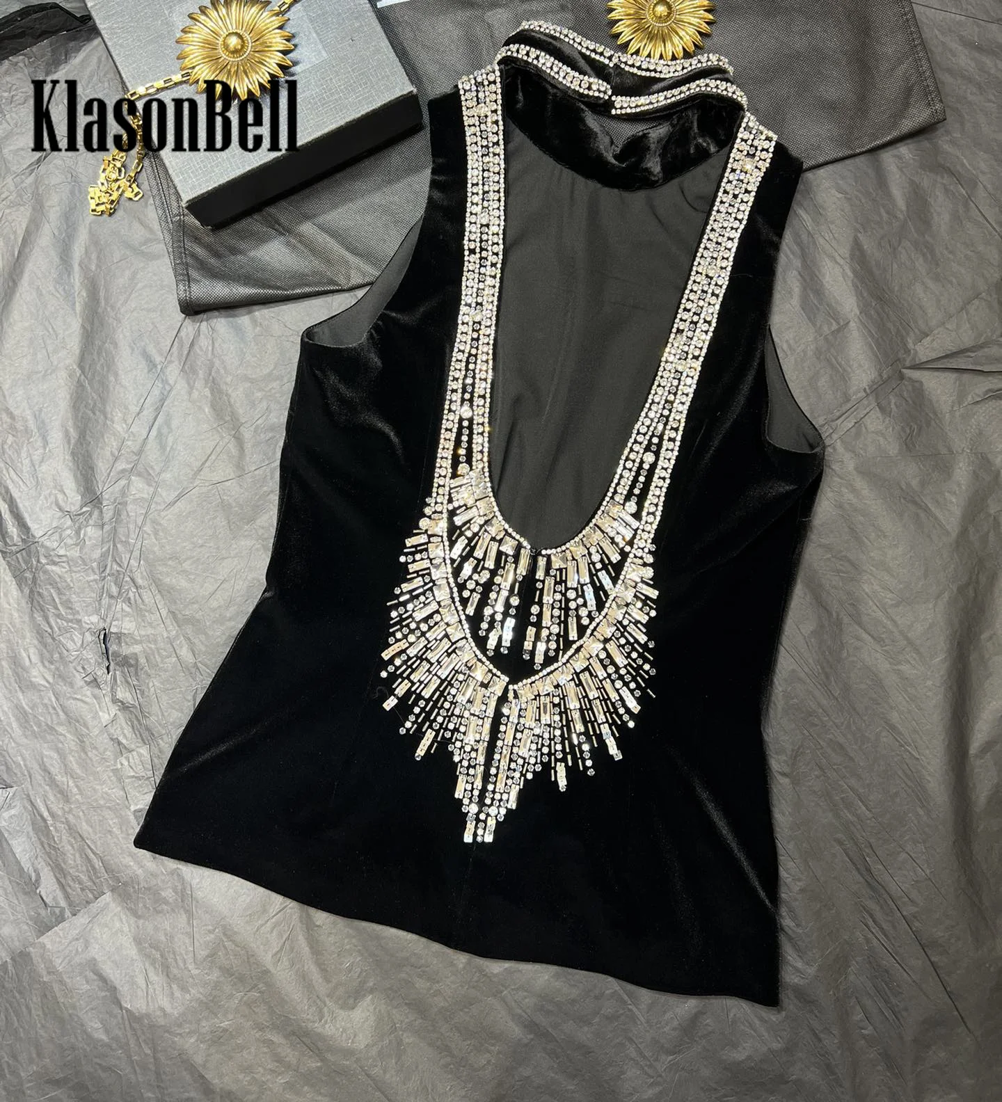 8.17 KasonBell Women New Luxury Bling Diamond Hand Beading Velvet Vest Elegant Temperament Sexy Backless Turtleneck  Tank Top