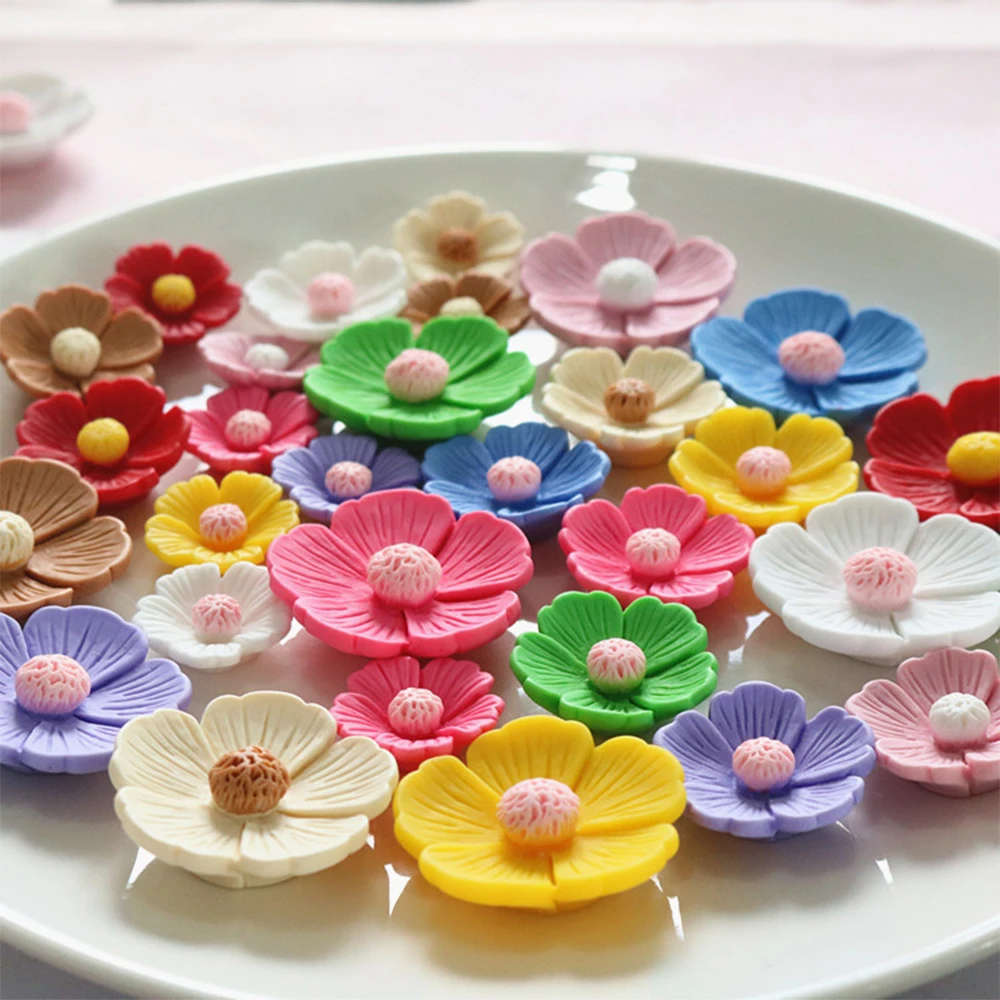 Cabochões de resina com parte traseira plana em miniatura, flor de cinco pétalas de 21mm-34mm para grampo de cabelo, scrapbooking, decoração de casa diy, acessórios de artesanato com 10 peças