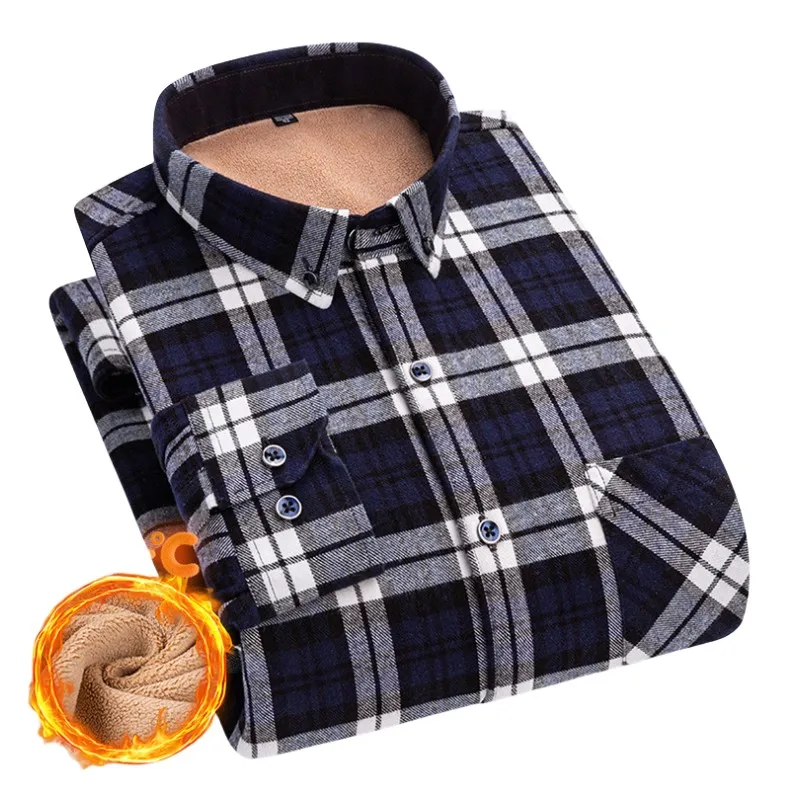 

Fashion Men's Shirt Autumn/Winter Plush Warm Long Sleeve Shirt Plus Size Lamb Fleece Shirt Streetwear Thermal Plaid Jacket
