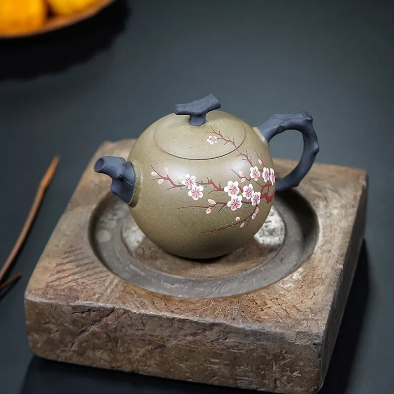 Yixing Handmade Zisha Teapot, Raw Ore Pea Green Clay, Dual-color Plum Blossom Carving, Master Crafted Kung Fu Tea Pot