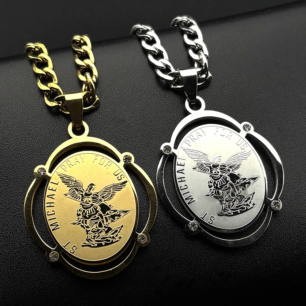 Collier pendentif Archange Saint-Michel Prière pour nous, pour femmes et hommes, en acier inoxydable, avec strass, amulette, bijoux