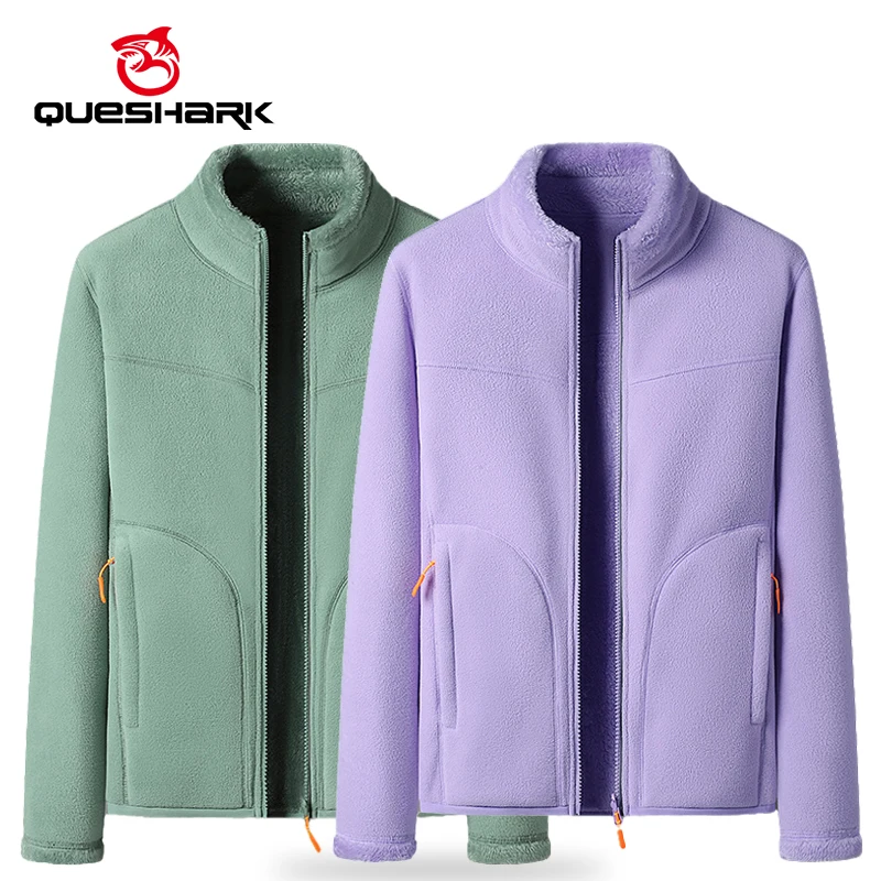 Queshark Double-Sided Fleece Hiking Jacket Women Winter Thicked Warm Compression Layer Climbing Skiing Cycling Fleeced Clothing