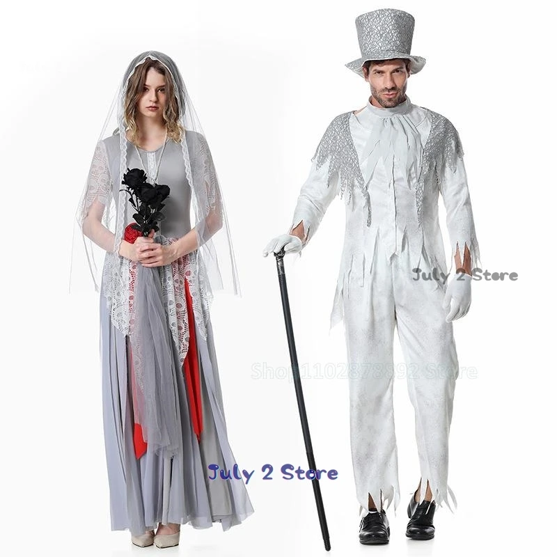 Corpse Ghost Bride and Groom Costume Cosplay Scary Zombie Masquerade Halloween Fancy Couple Wedding Suit Carnival Party Dress Up