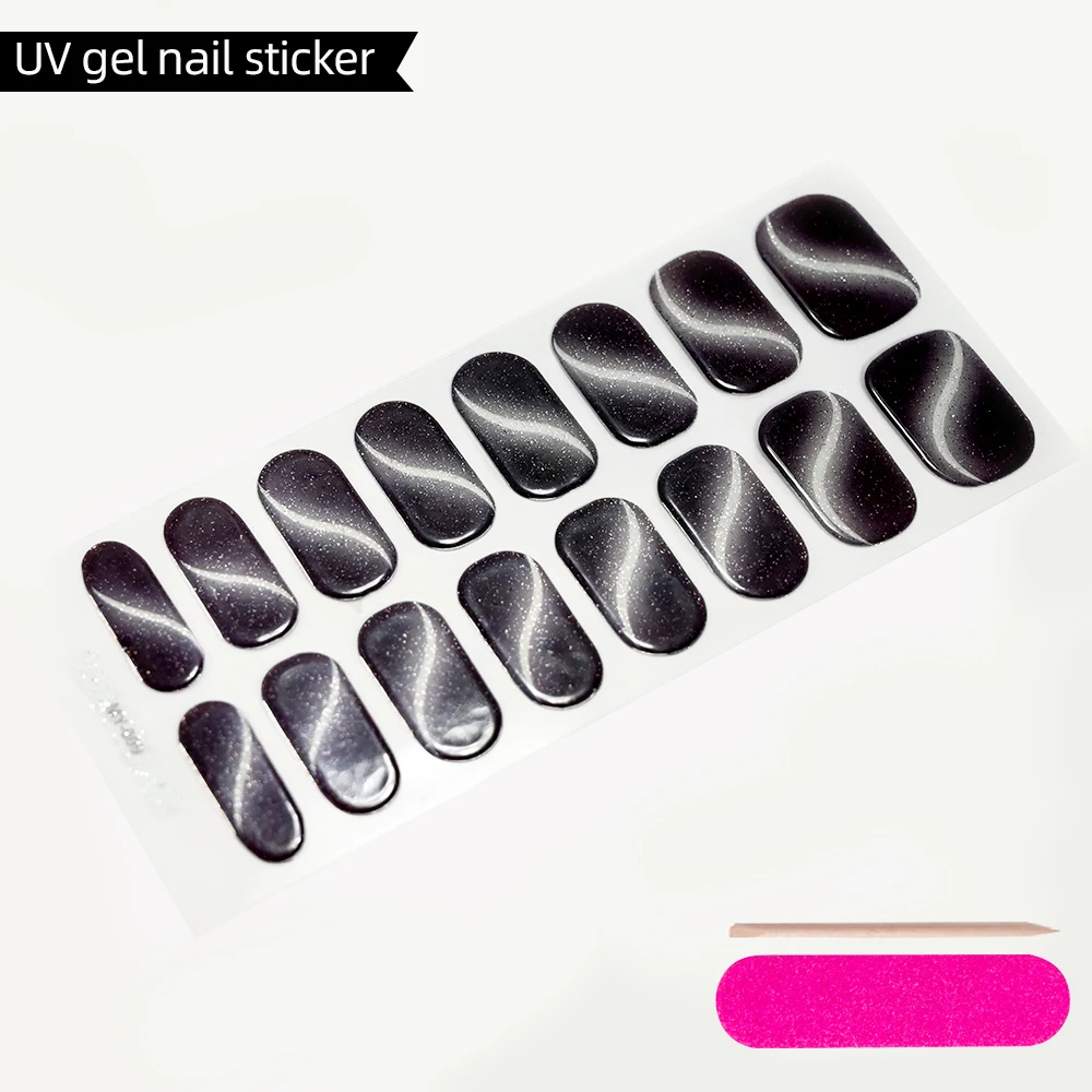 Black Cat Eyes Semi Cured Gel Nail Stickers Pure Color Fine Flash Full Cover Nail Slider UV/LED Baking Lamp Gel Sticker 16Tips