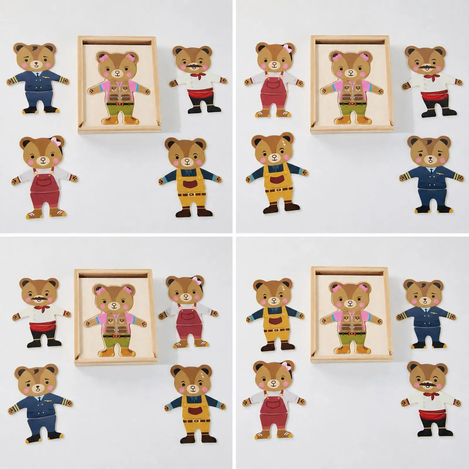 Children Wooden Dress Up Puzzle with Bear Shape and Tray Montessori Educational Toy Matching Game Fine Motor Skills Learning for