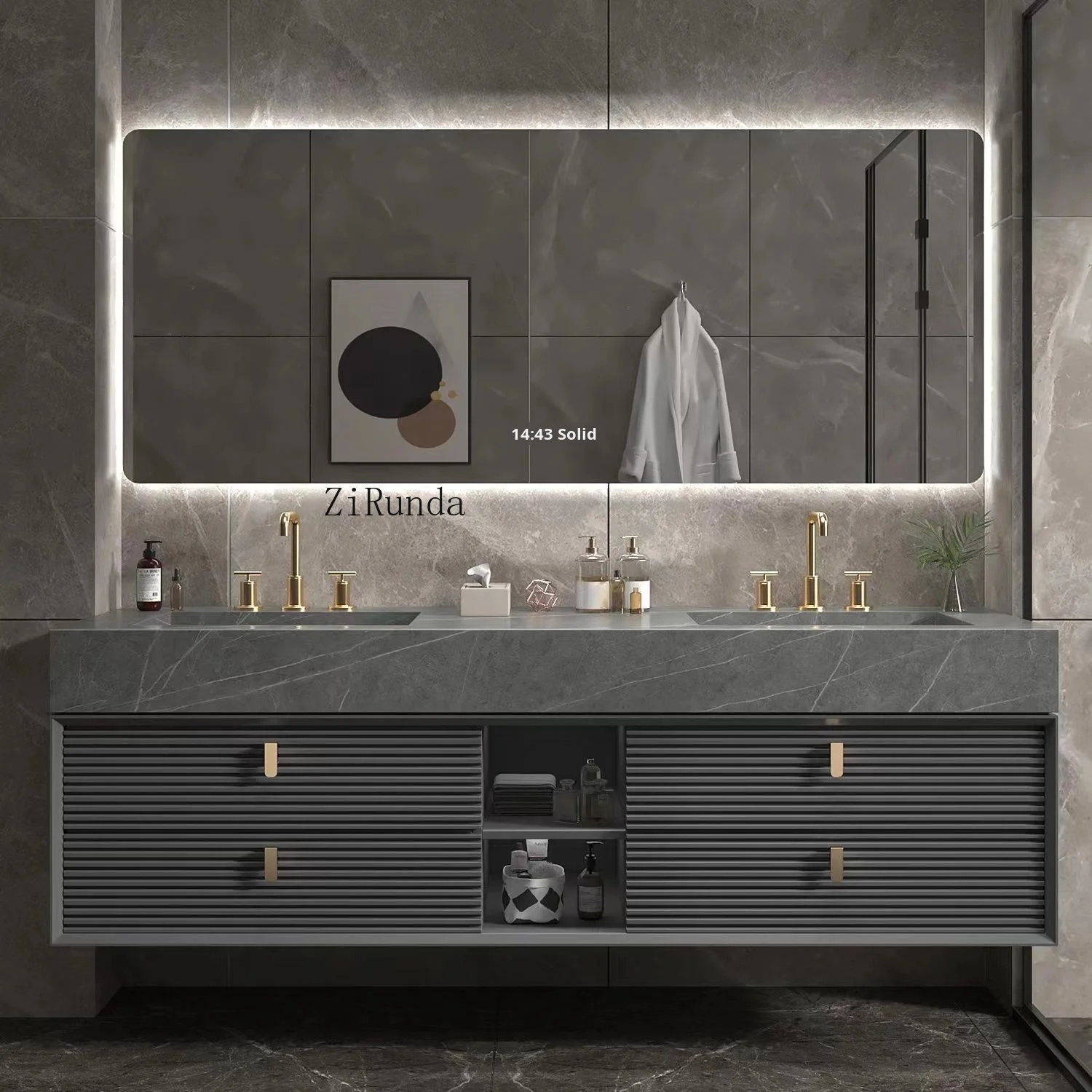 Современный легкий роскошный шкаф для ванной комнаты с двойной раковиной, встроенный шиферный умывальник, лакированная дверная панель