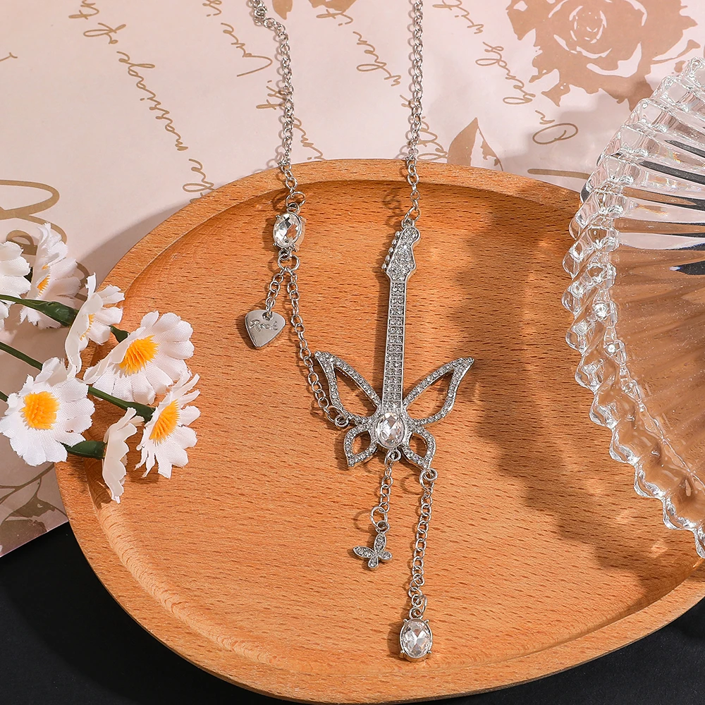 Fashion Y2K Sweet Cool Rock Style Necklace Butterfly Electric Guitar Inlaid Crystal Tassel Neck Chain for Women Girls Gift