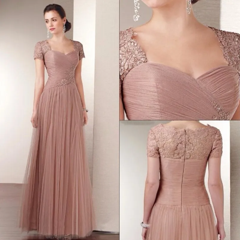 

Vintage Pink Mother of the Bride Dresses Sweetheart Lace Short Sleeves Floor Length Party Groom Gowns Vestido De Feast